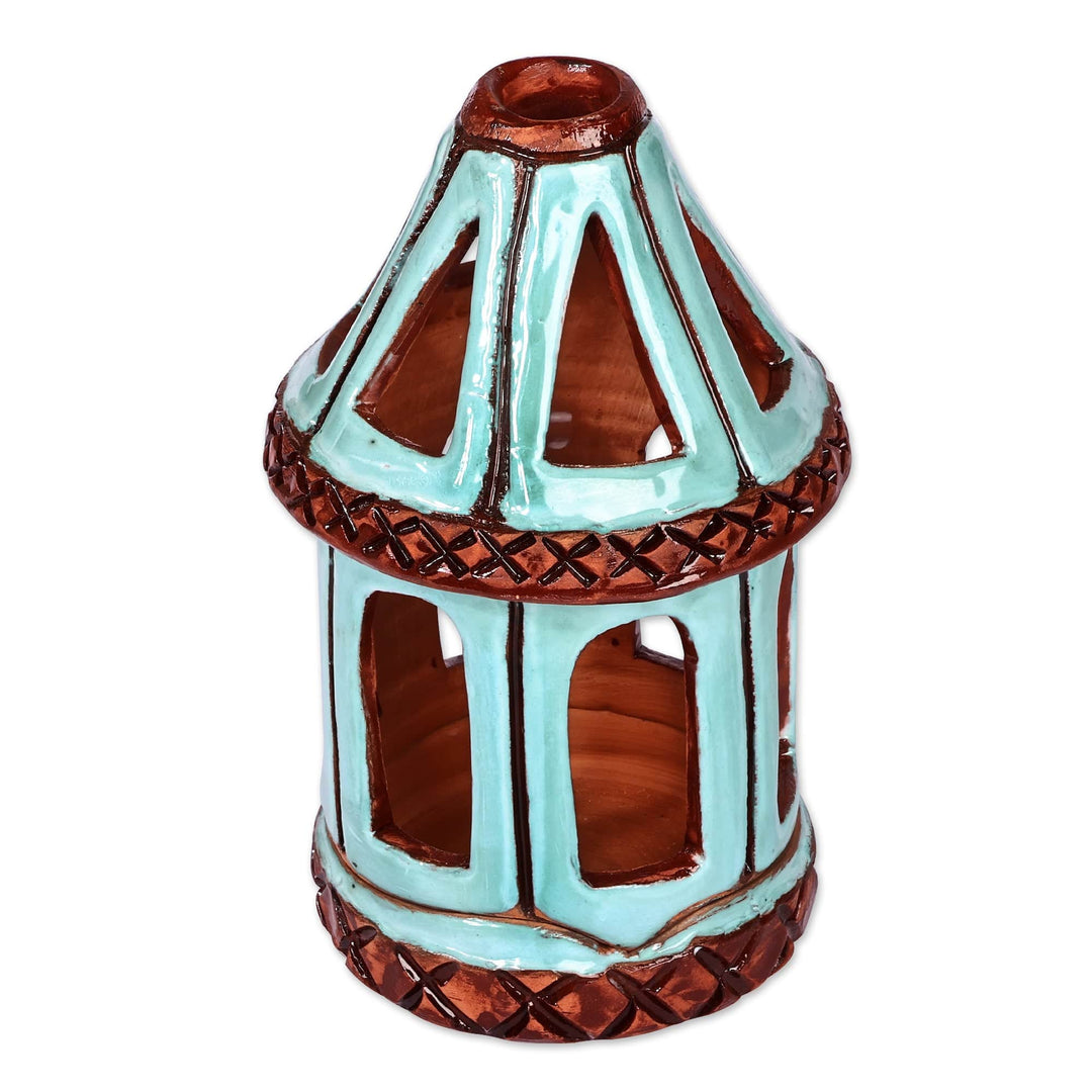 Handcrafted Traditional Blue and Brown Ceramic Candleholder - Serene Beacon