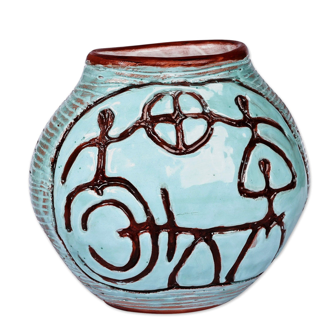 Round Turquoise Ceramic Vase with Ancient Pictographs - Ancestral World