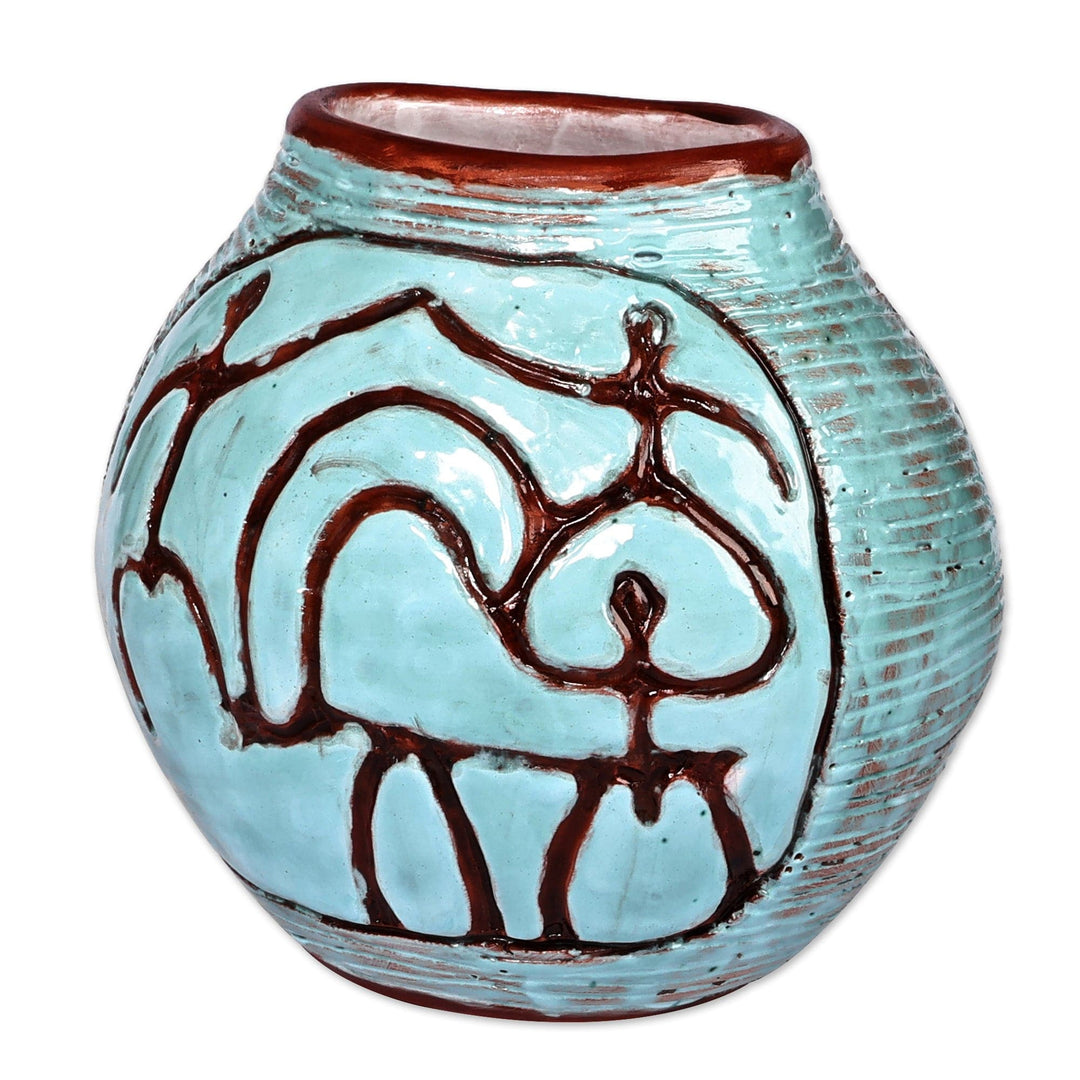 Round Turquoise Ceramic Vase with Ancient Pictographs - Ancestral World