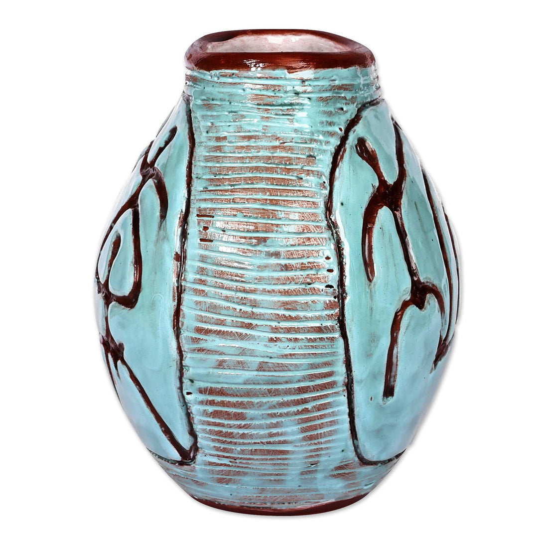 Round Turquoise Ceramic Vase with Ancient Pictographs - Ancestral World