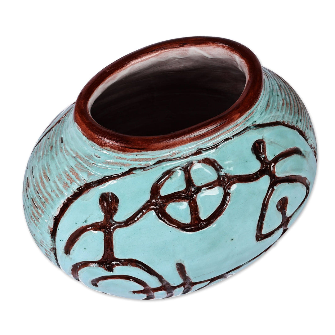 Round Turquoise Ceramic Vase with Ancient Pictographs - Ancestral World