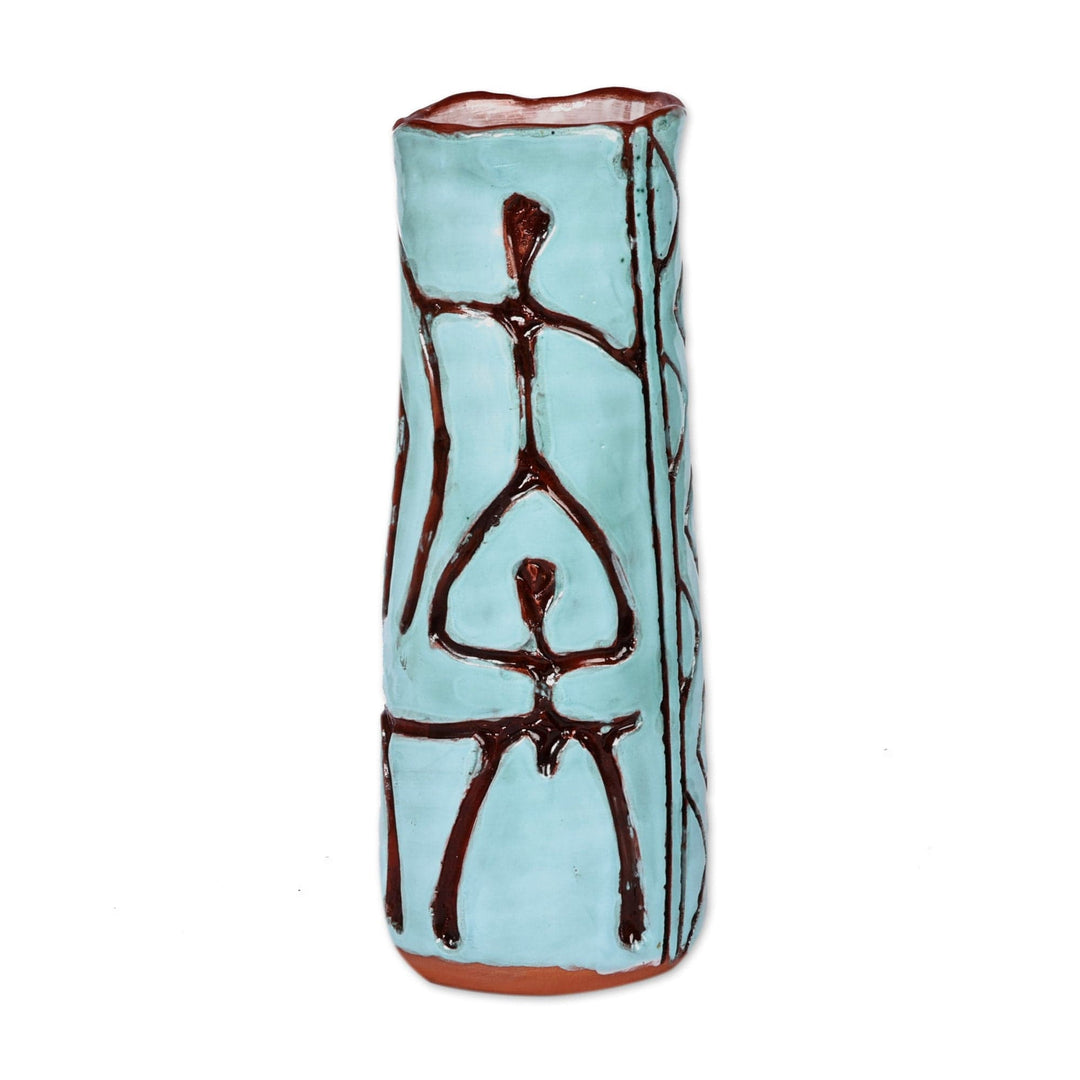 Tall Turquoise Ceramic Vase with Ancient Pictographs - Ancestral Pillar