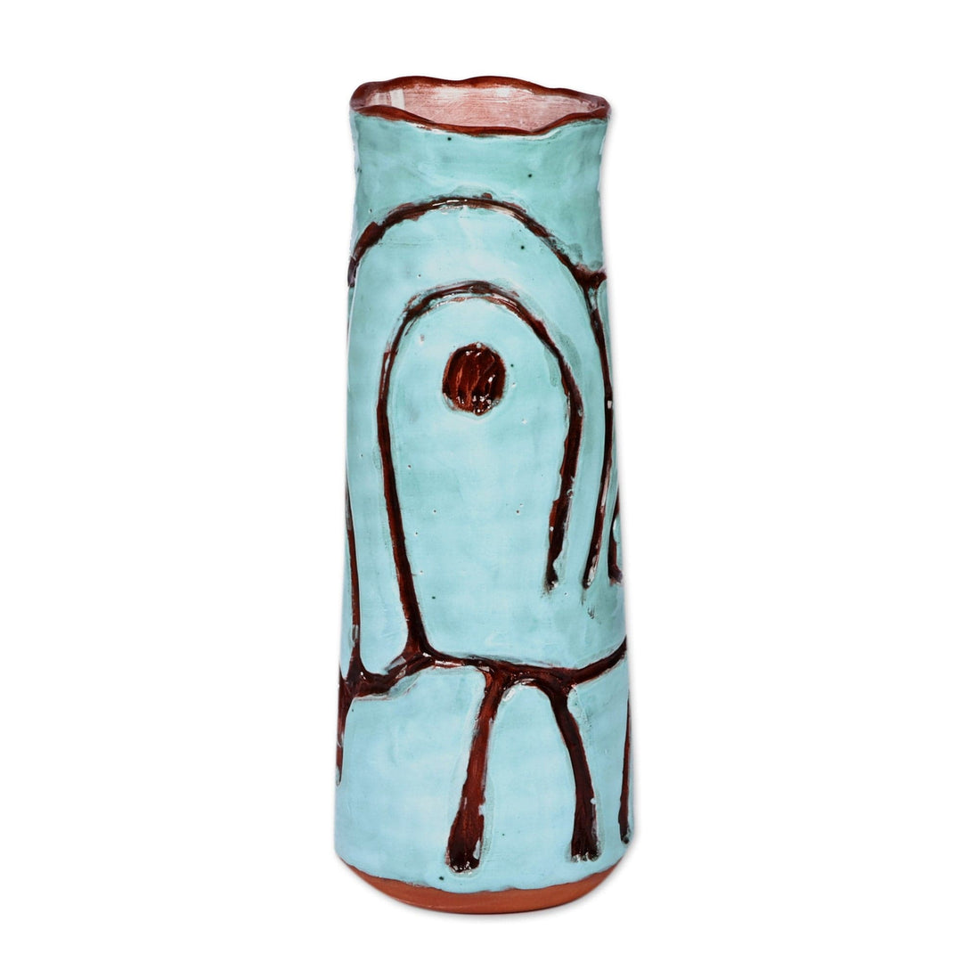 Tall Turquoise Ceramic Vase with Ancient Pictographs - Ancestral Pillar