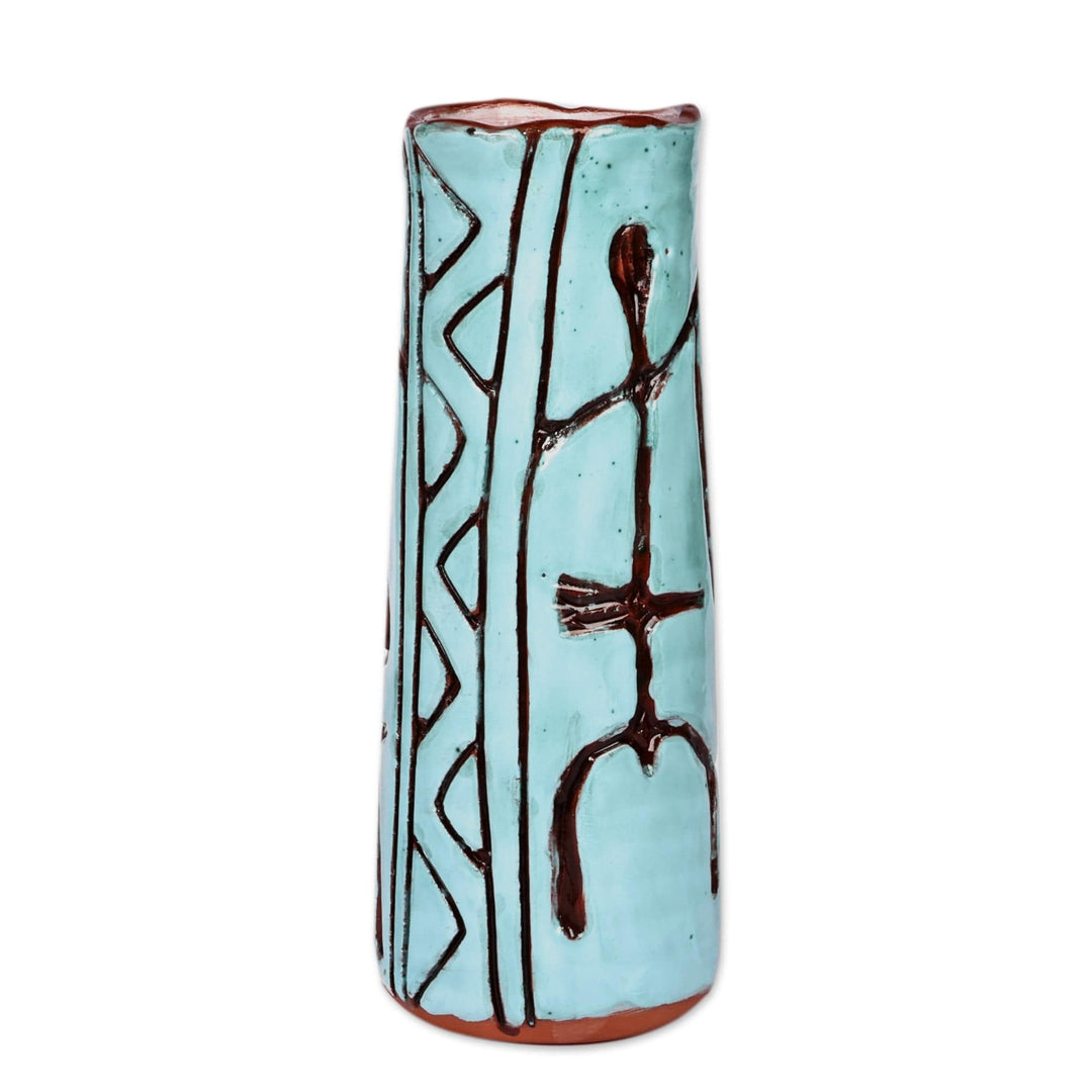 Tall Turquoise Ceramic Vase with Ancient Pictographs - Ancestral Pillar