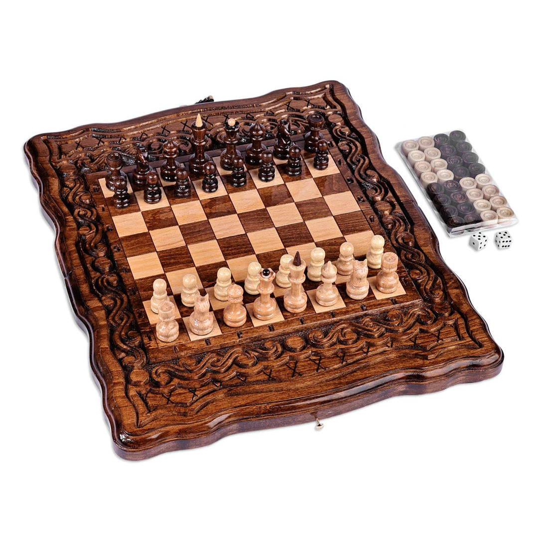 Hand Carved Wood Chess and Backgammon Board Game Set - Double the Delight