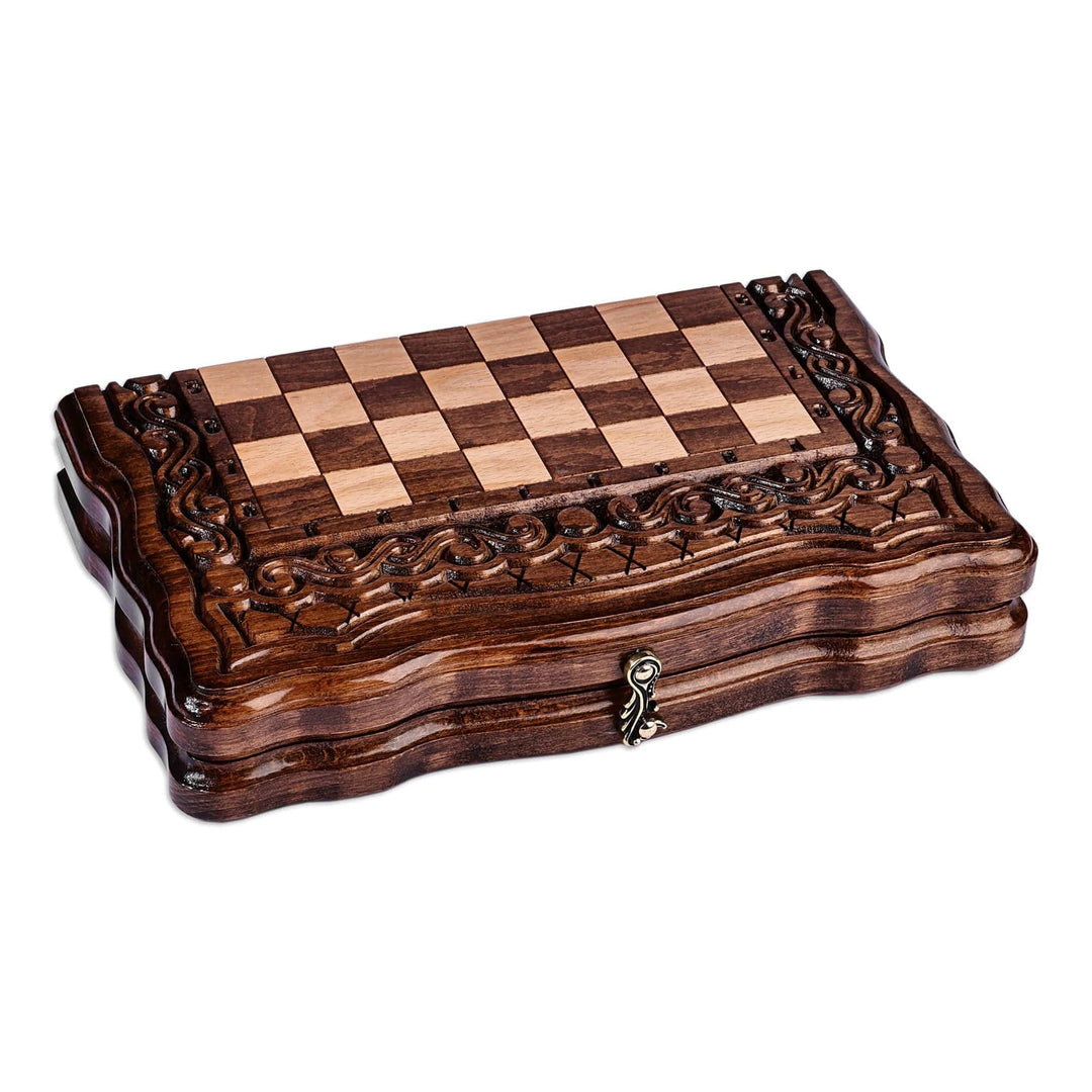 Hand Carved Wood Chess and Backgammon Board Game Set - Double the Delight