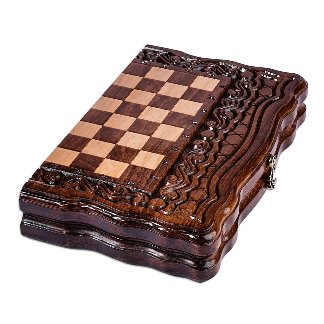 Hand Carved Wood Chess and Backgammon Board Game Set - Double the Delight