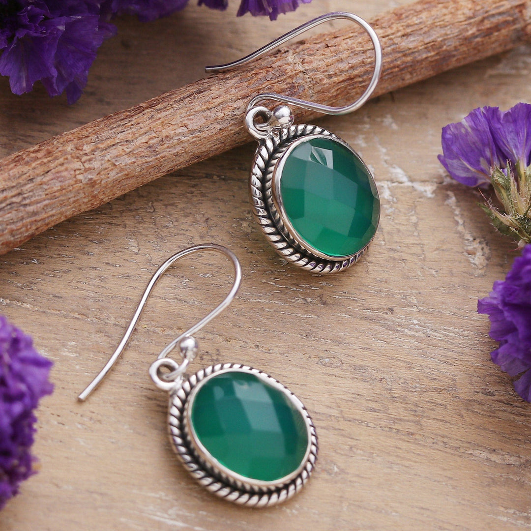 Ten-Carat Checkerboard Green Onyx Dangle Earrings from India - Abundance Call