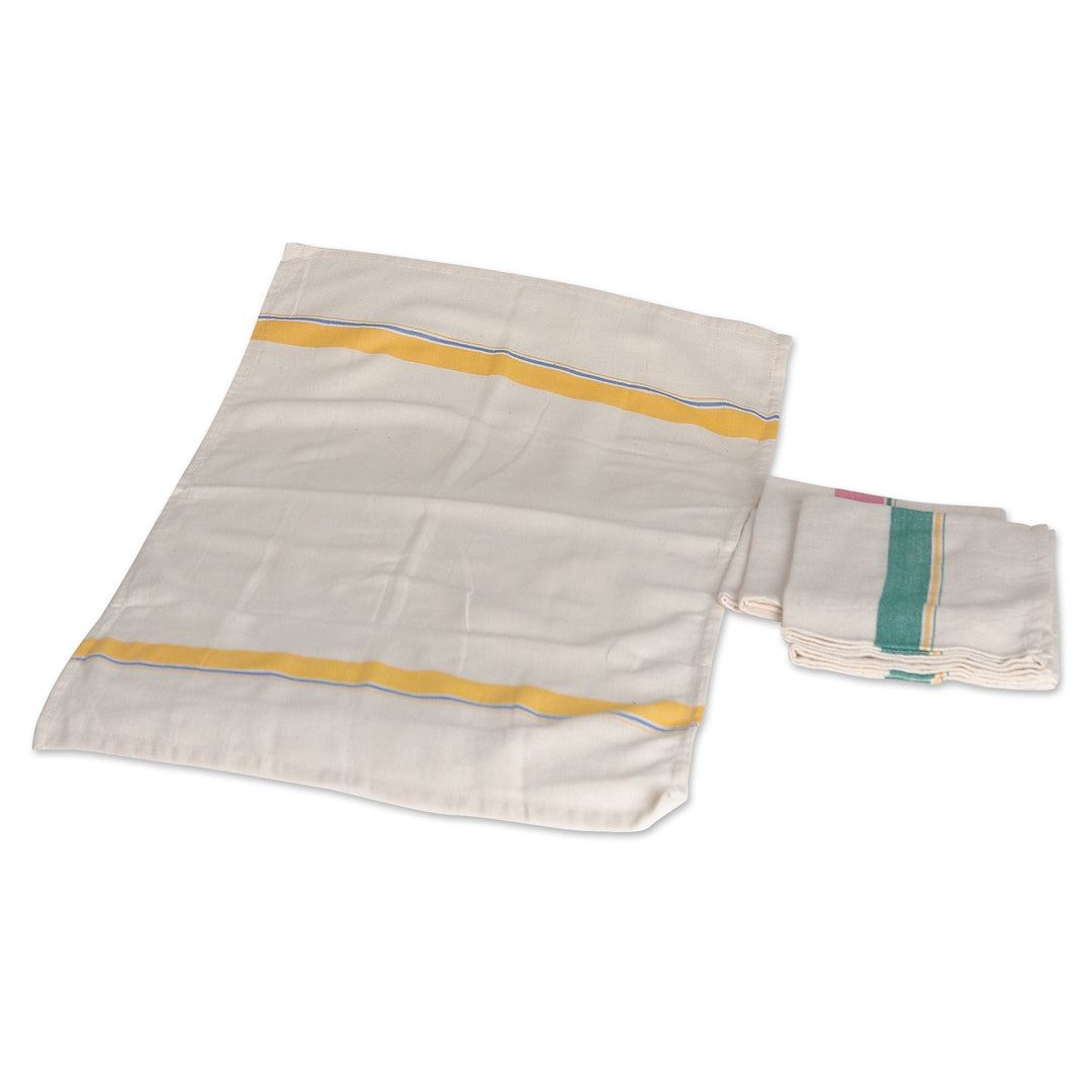 Set of 3 Yellow, Pink and Teal Striped Cotton Dish Towels - Stripes of Grace
