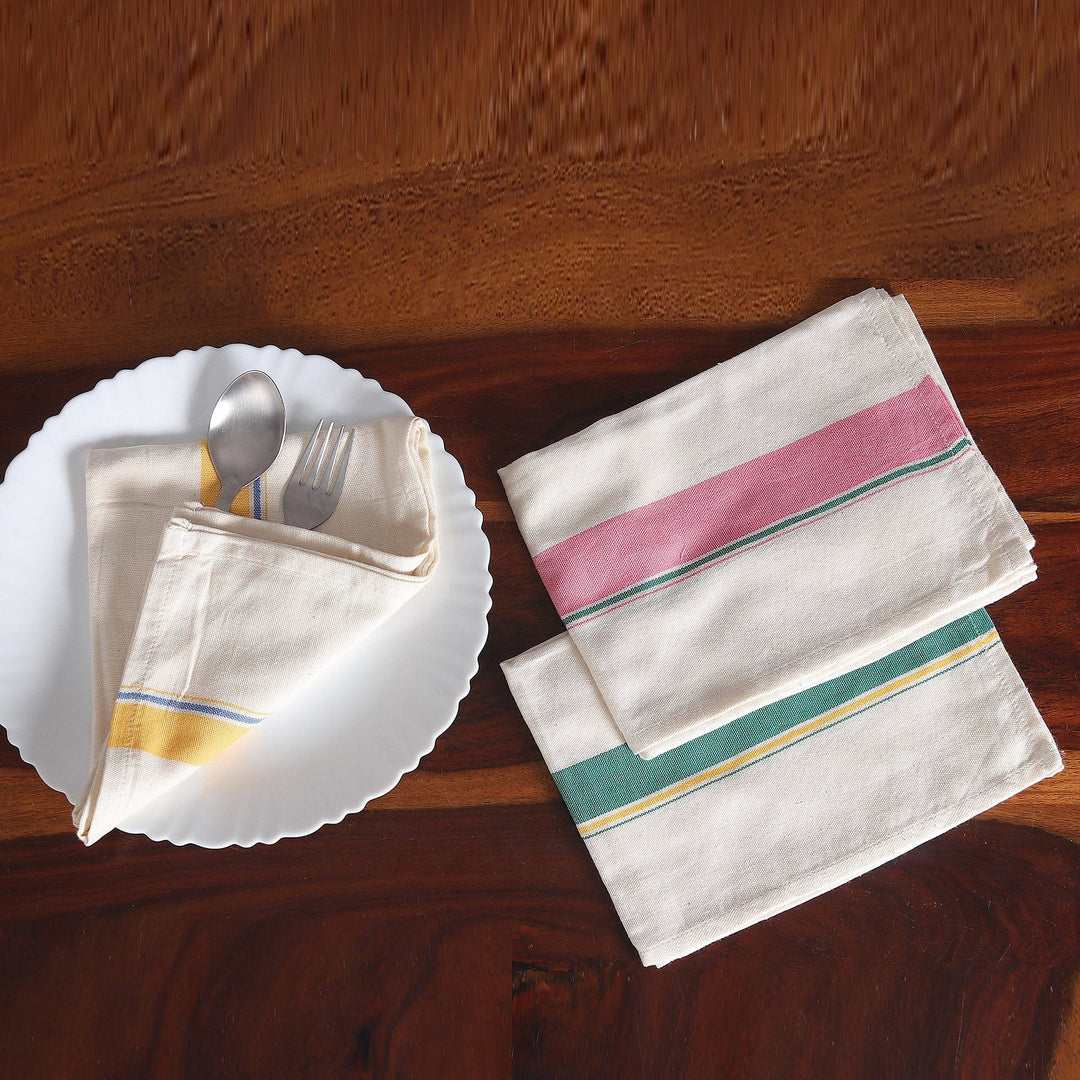 Set of 3 Yellow, Pink and Teal Striped Cotton Dish Towels - Stripes of Grace