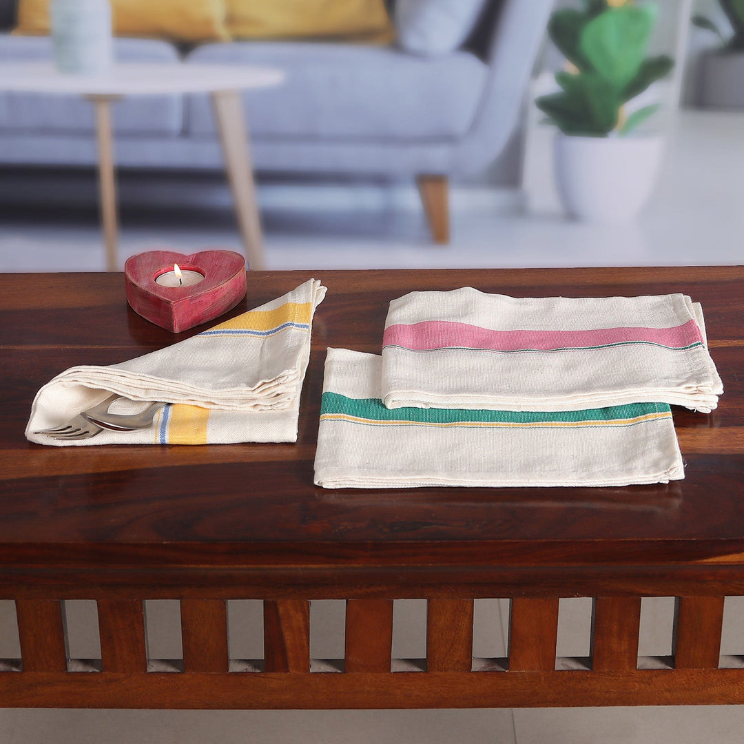 Set of 3 Yellow, Pink and Teal Striped Cotton Dish Towels - Stripes of Grace