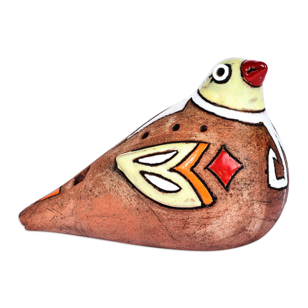 Hand-Painted Bird-Shaped Ceramic Ocarina in Warm Hues - Kingdom's Shvi Bird