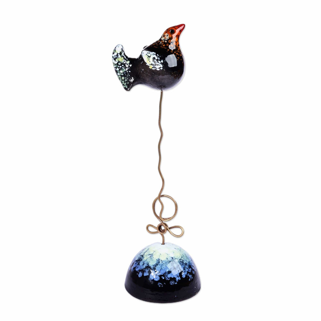Hand-Painted Bird-Themed Ceramic Photo Holder in Dark Hues - Harmonious Memories