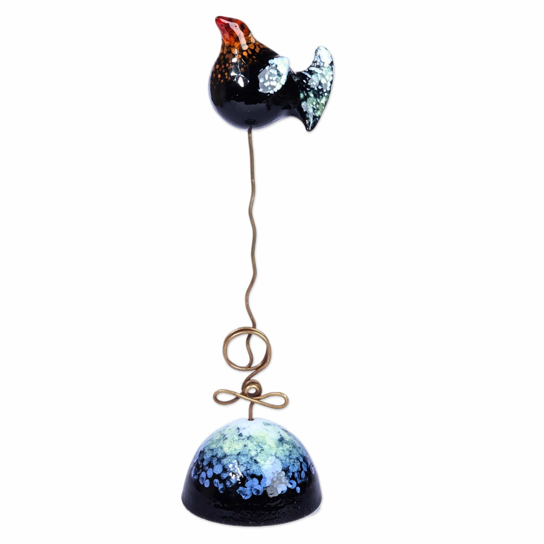 Hand-Painted Bird-Themed Ceramic Photo Holder in Dark Hues - Harmonious Memories
