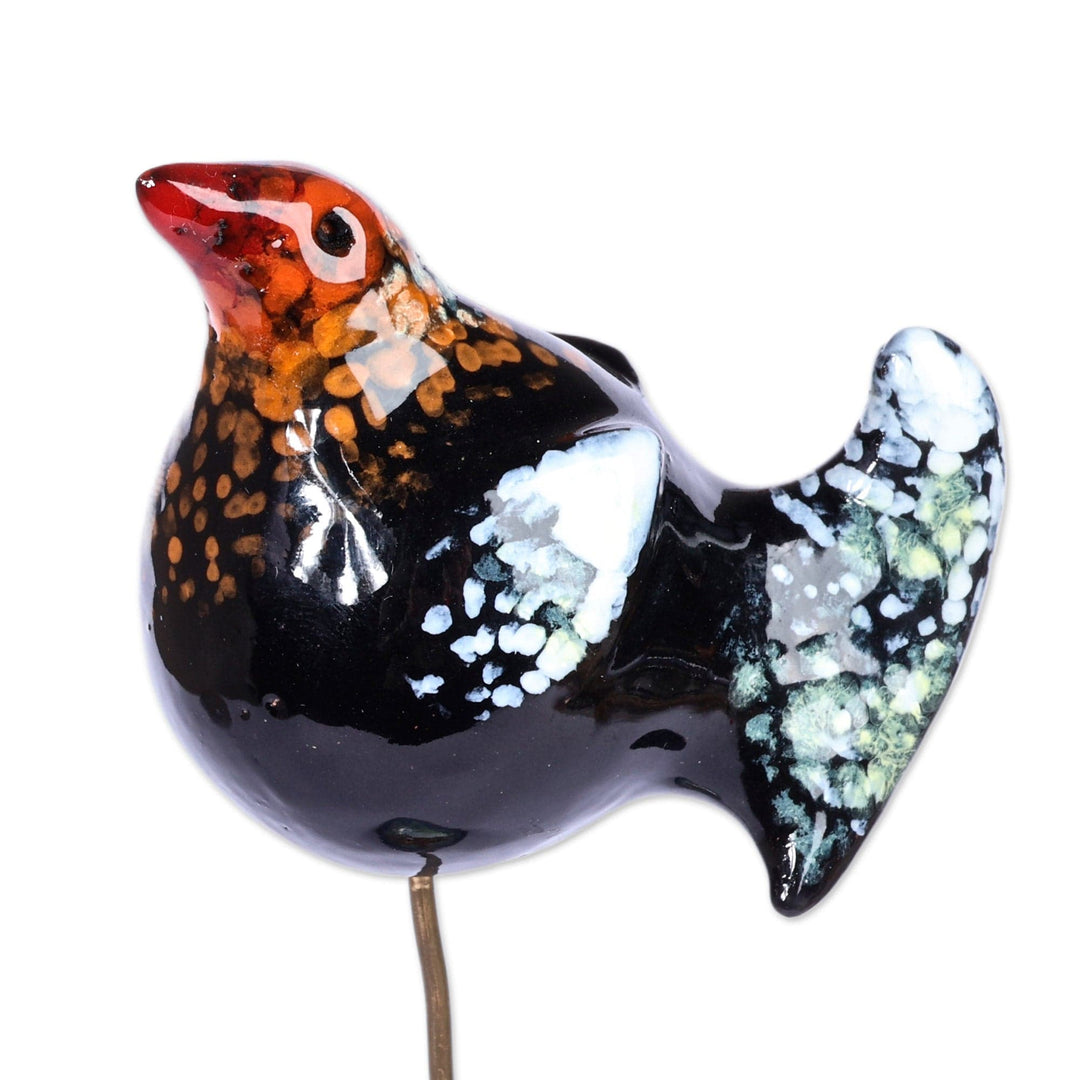 Hand-Painted Bird-Themed Ceramic Photo Holder in Dark Hues - Harmonious Memories