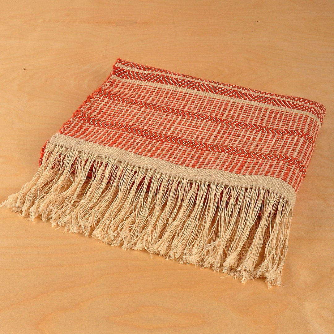Hand-Woven Striped Wool Throw in Salmon & Ivory from Armenia - Cozy Salmon