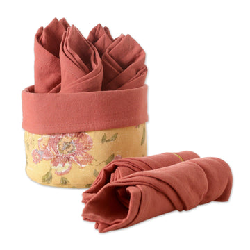 Set of 6 Red Cotton Napkins with Floral Yellow Basket - Gentle Strawberry