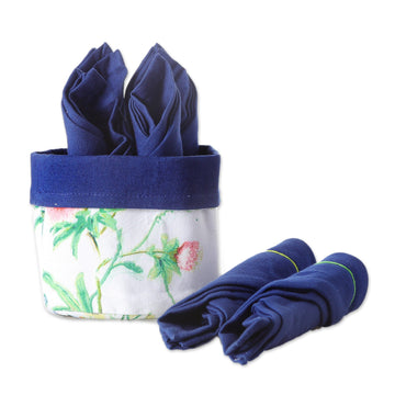 Set of 6 Blue Cotton Napkins with Floral White Basket - Gentle Blue