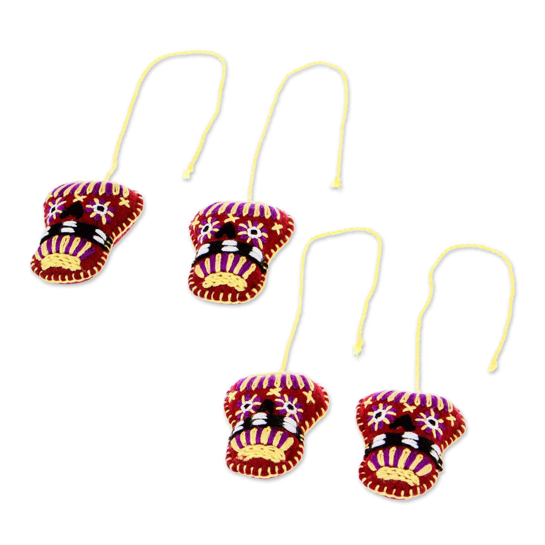 Set of 4 Embroidered Burgundy and Purple Skull Ornaments - Burgundy Skulls