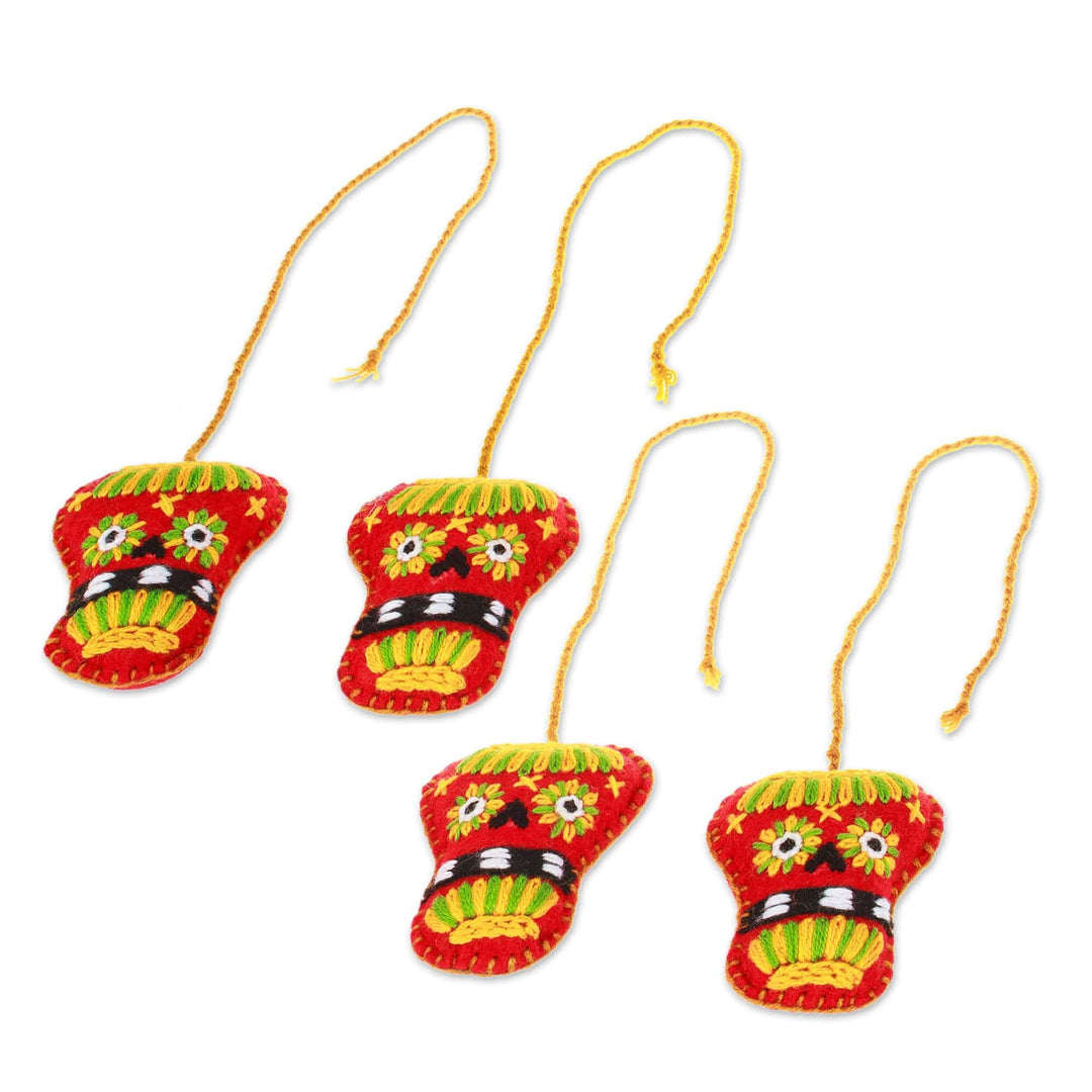 Set of 4 Embroidered Cardinal Red and Yellow Skull Ornaments - Cardinal Skulls