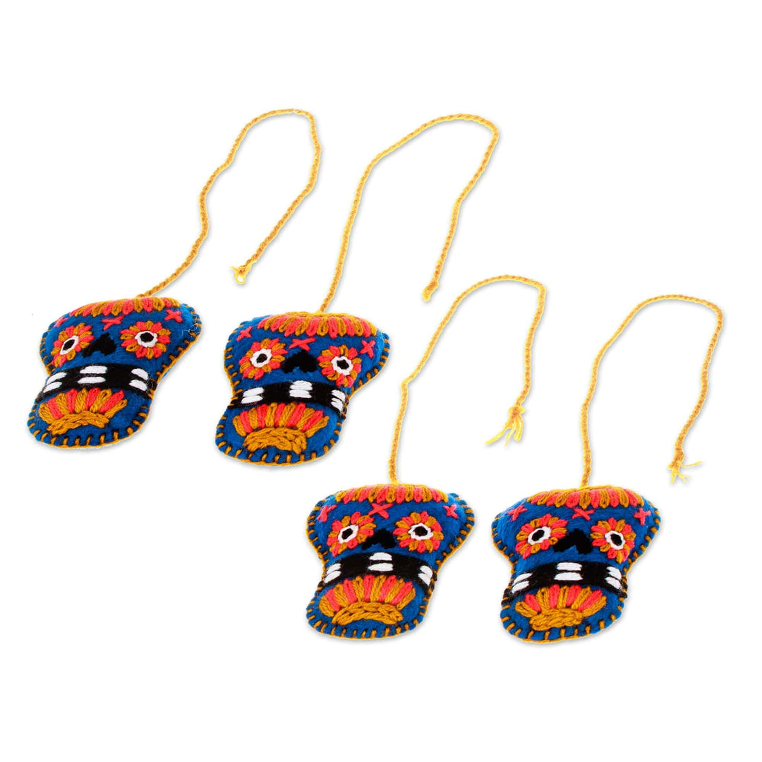 Set of 4 Embroidered Azure and Strawberry Skull Ornaments - Azure Skulls