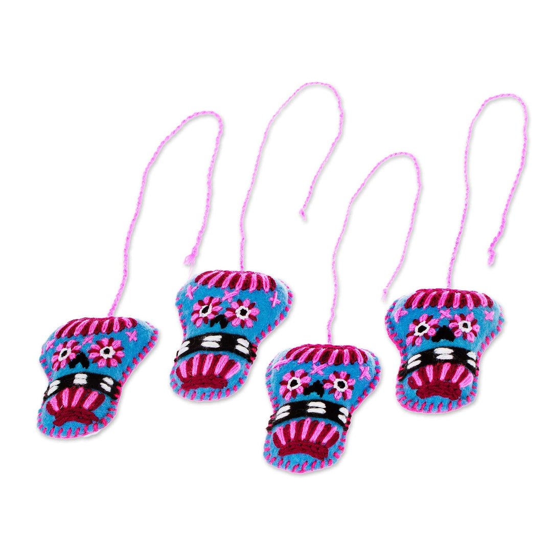 Set of 4 Embroidered Cerulean and Fuchsia Skull Ornaments - Cerulean Skulls