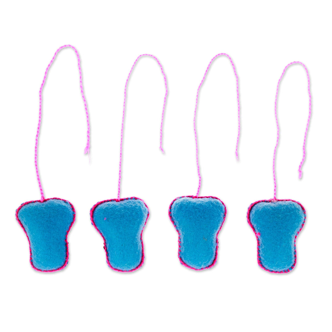 Set of 4 Embroidered Cerulean and Fuchsia Skull Ornaments - Cerulean Skulls
