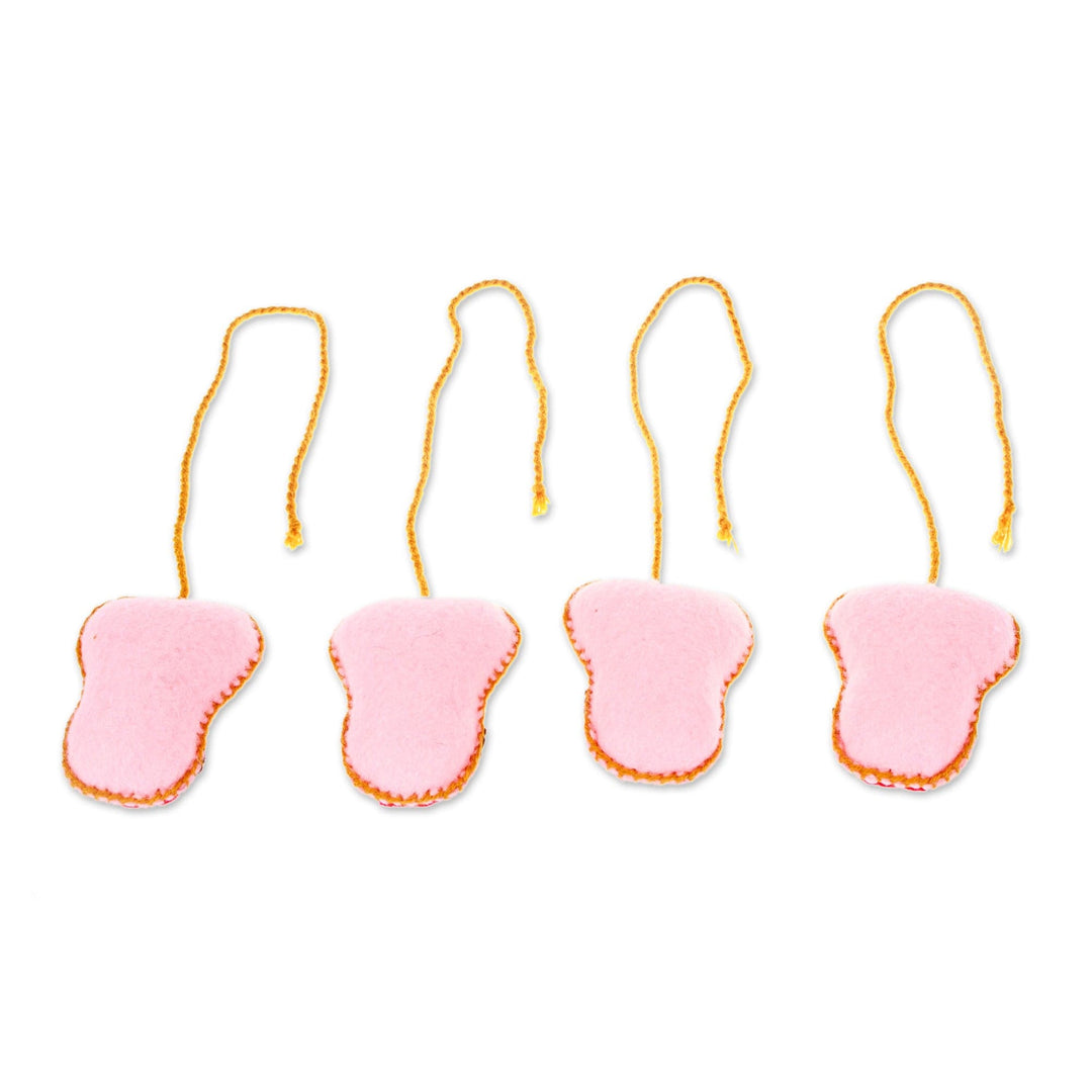 Set of 4 Embroidered Blush and Crimson Felt Skull Ornaments - Blush Skulls