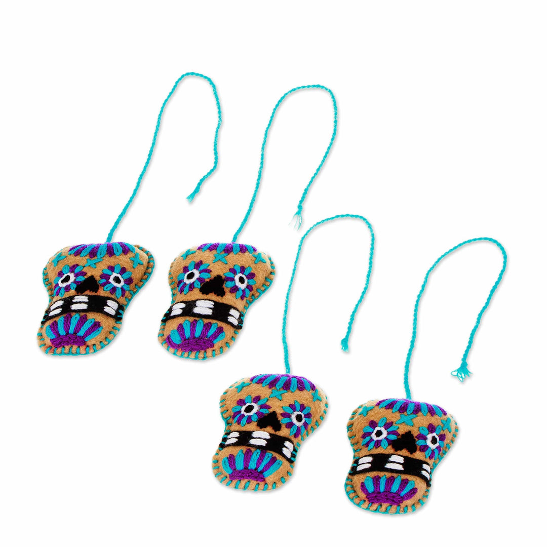 Set of 4 Embroidered Caramel and Grape Felt Skull Ornaments - Caramel Skulls