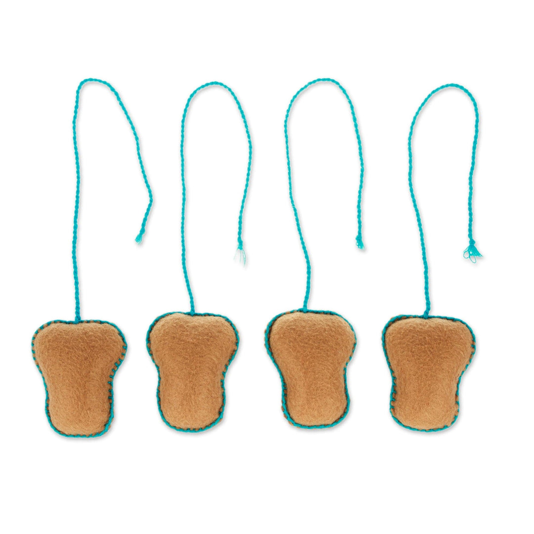 Set of 4 Embroidered Caramel and Grape Felt Skull Ornaments - Caramel Skulls