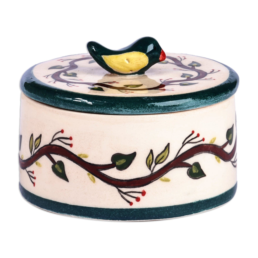 Hand-Painted Glazed Ceramic Jewelry Box with Bird Accent - Feathered Friend