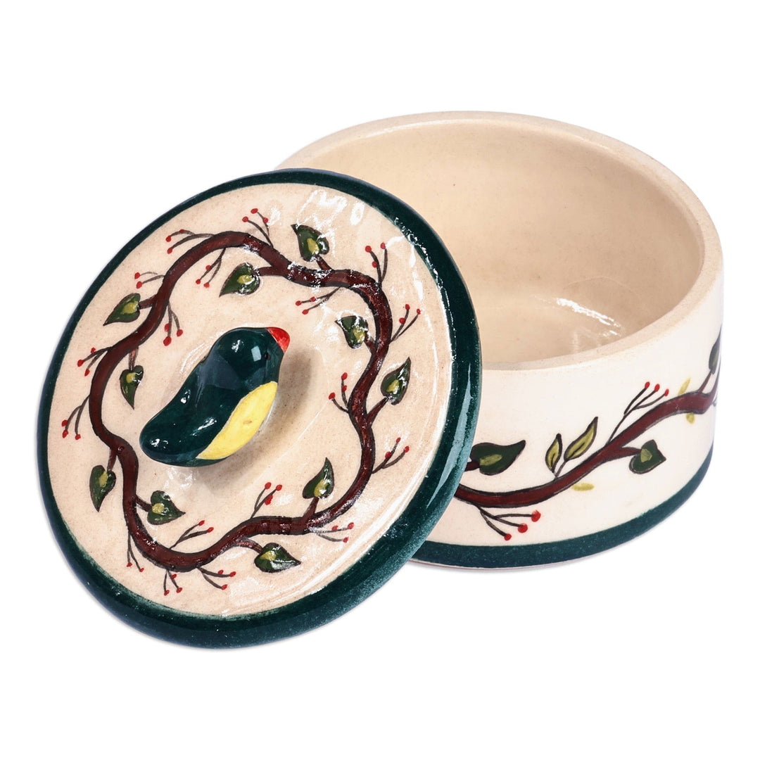 Hand-Painted Glazed Ceramic Jewelry Box with Bird Accent - Feathered Friend