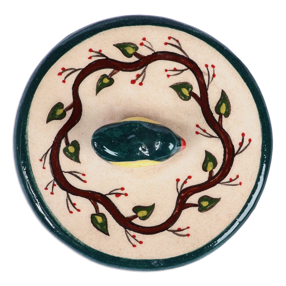 Hand-Painted Glazed Ceramic Jewelry Box with Bird Accent - Feathered Friend