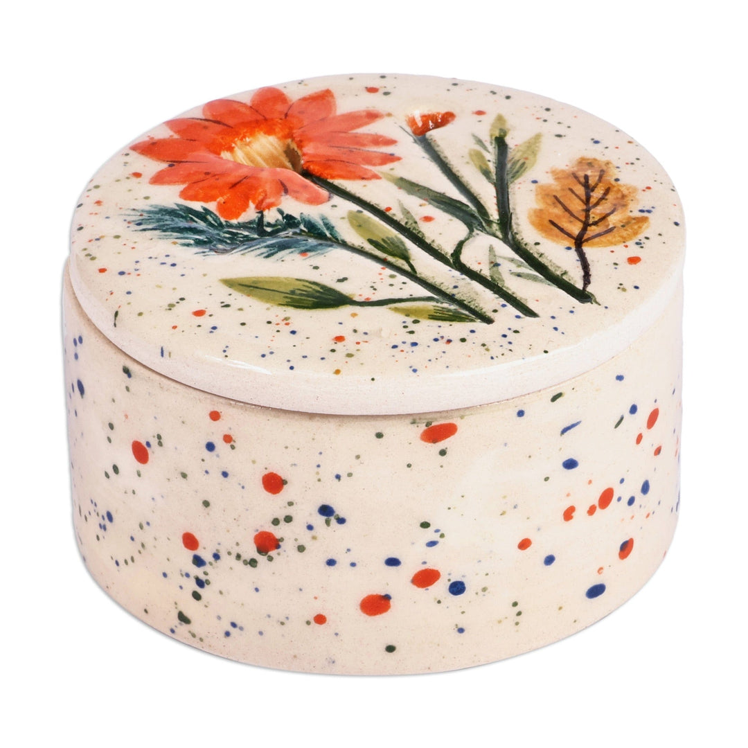 Hand-Painted Ceramic Jewelry Box with Floral & Leaf Motif - Garden and Dots