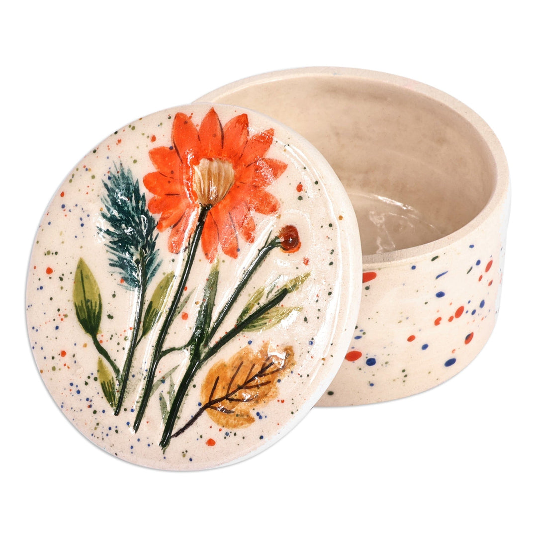 Hand-Painted Ceramic Jewelry Box with Floral & Leaf Motif - Garden and Dots