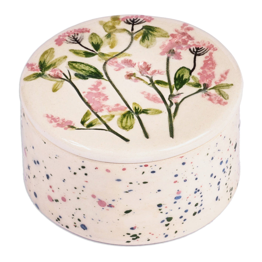 Hand-Painted Glazed Ceramic Jewelry Box with Floral Motif - Flowers and Dots