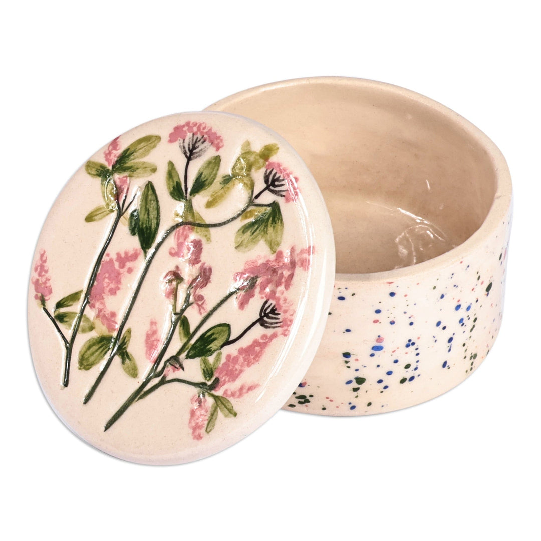 Hand-Painted Glazed Ceramic Jewelry Box with Floral Motif - Flowers and Dots