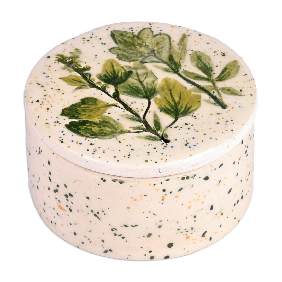 Hand-Painted Glazed Ceramic Jewelry Box with Leaf Motif - Leaves and Dots
