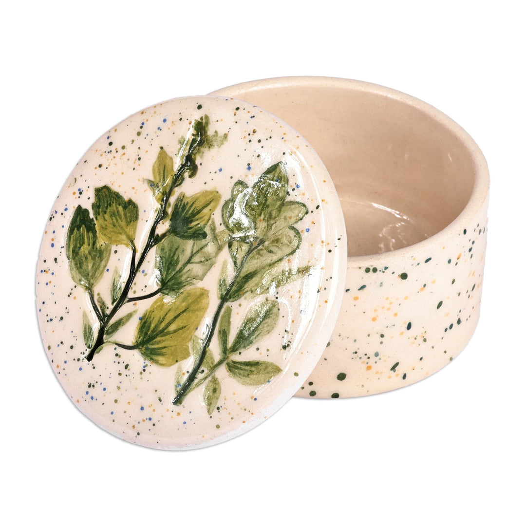 Hand-Painted Glazed Ceramic Jewelry Box with Leaf Motif - Leaves and Dots