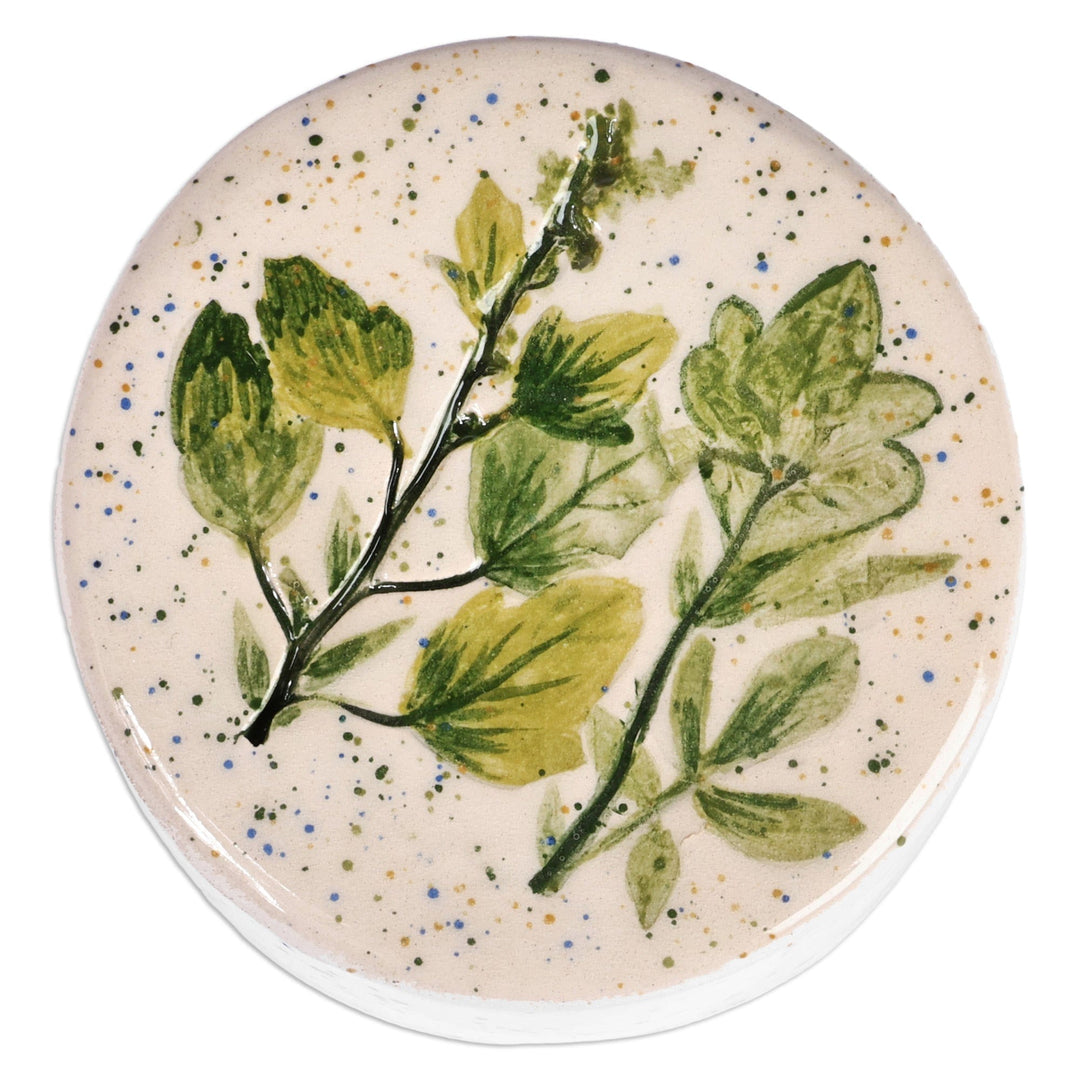 Hand-Painted Glazed Ceramic Jewelry Box with Leaf Motif - Leaves and Dots