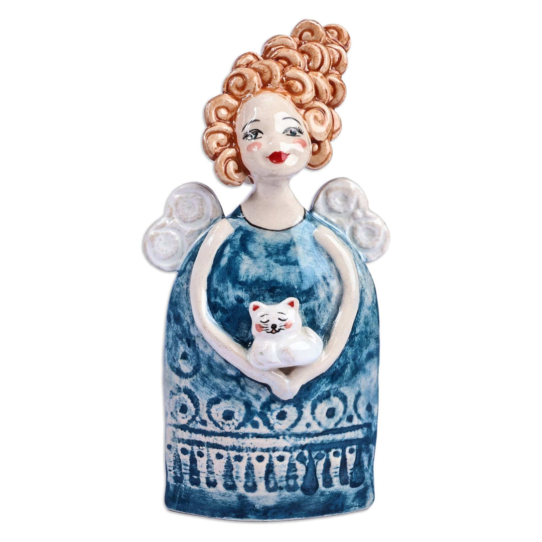 Handcrafted & Painted Angel and Cat Glazed Ceramic Sculpture - Angel with Cat