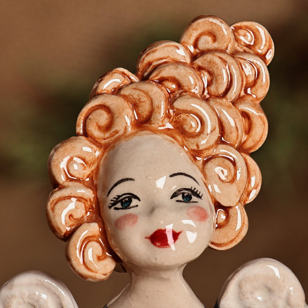 Handcrafted & Painted Angel and Cat Glazed Ceramic Sculpture - Angel with Cat