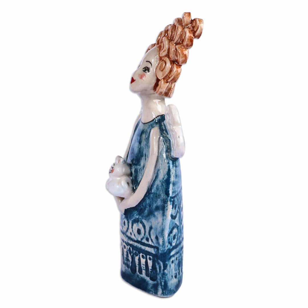 Handcrafted & Painted Angel and Cat Glazed Ceramic Sculpture - Angel with Cat