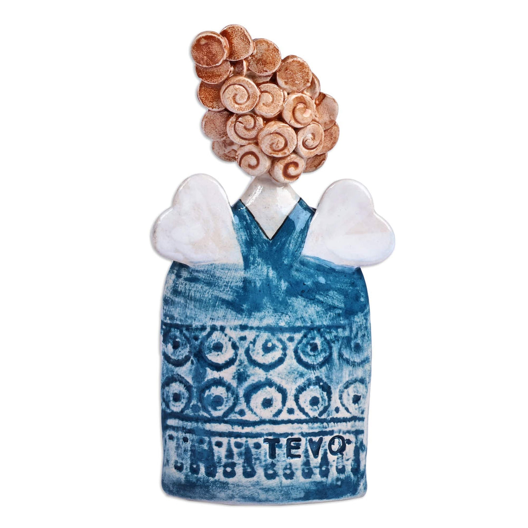 Handcrafted & Painted Angel and Cat Glazed Ceramic Sculpture - Angel with Cat