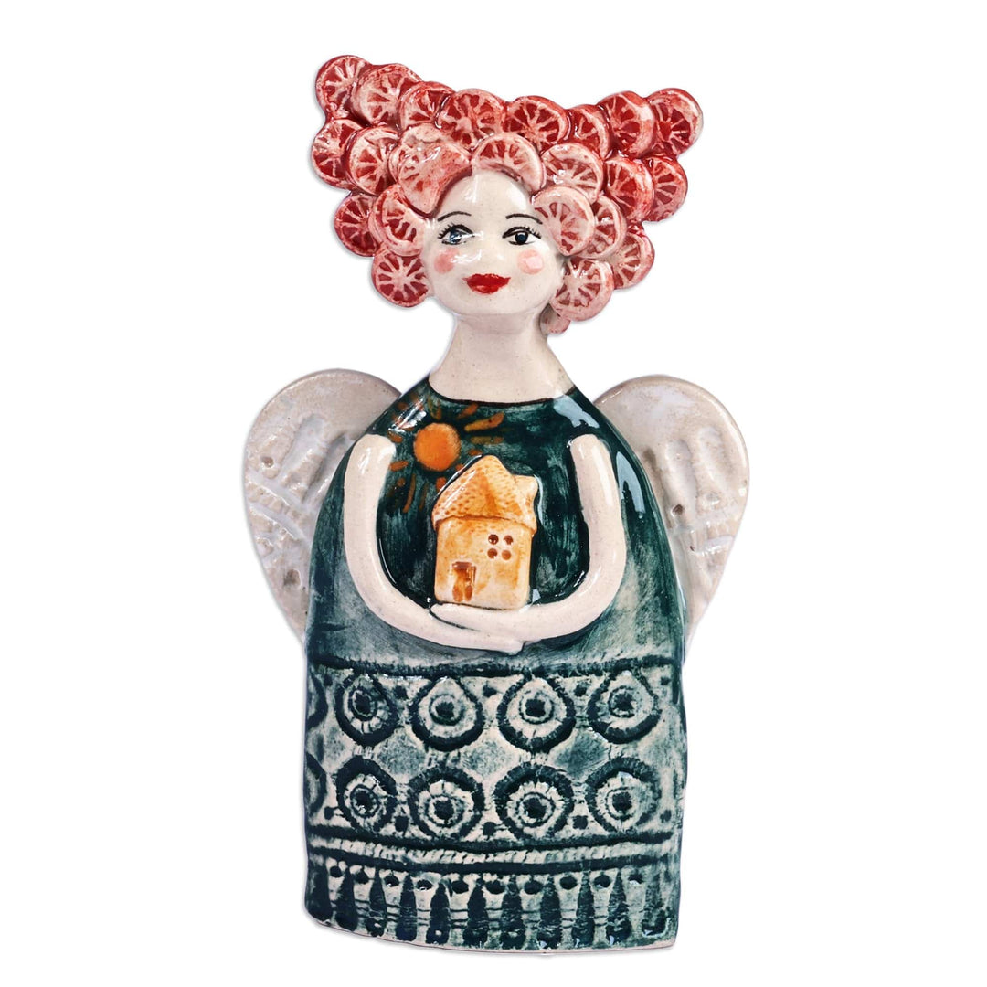 Handcrafted & Painted Angel-Themed Glazed Ceramic Sculpture - Angel with Grapefruit Hair