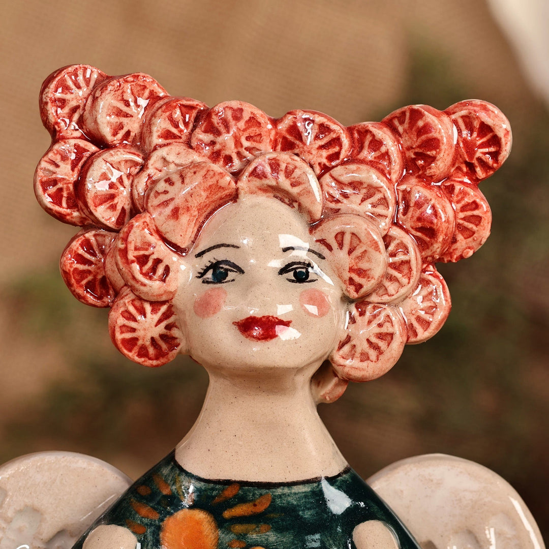 Handcrafted & Painted Angel-Themed Glazed Ceramic Sculpture - Angel with Grapefruit Hair