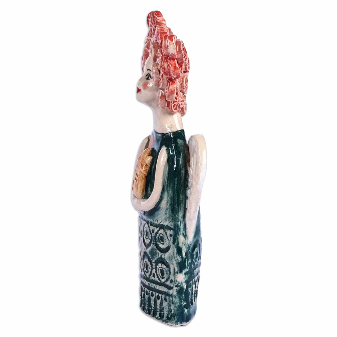 Handcrafted & Painted Angel-Themed Glazed Ceramic Sculpture - Angel with Grapefruit Hair