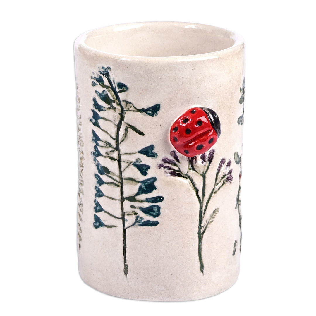 Glazed Ceramic Vase with Hand-Painted Ladybug & Floral Motif - Ladybug Splendor