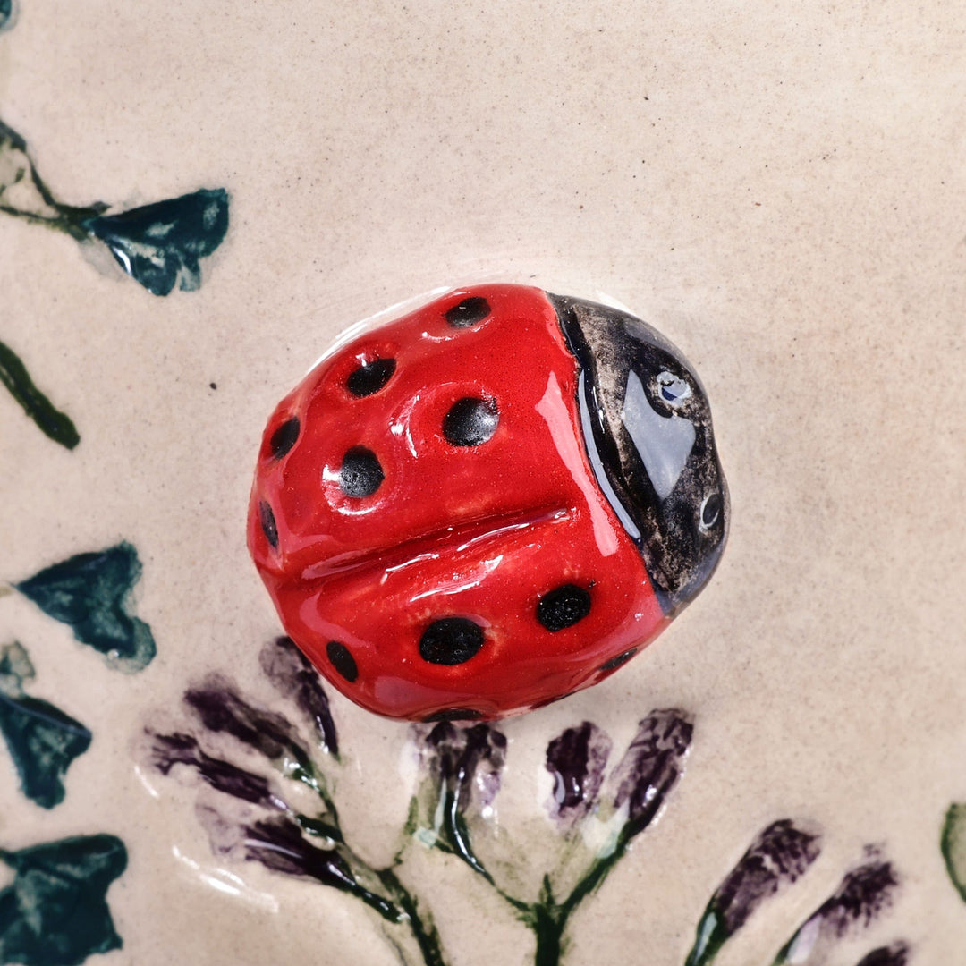 Glazed Ceramic Vase with Hand-Painted Ladybug & Floral Motif - Ladybug Splendor