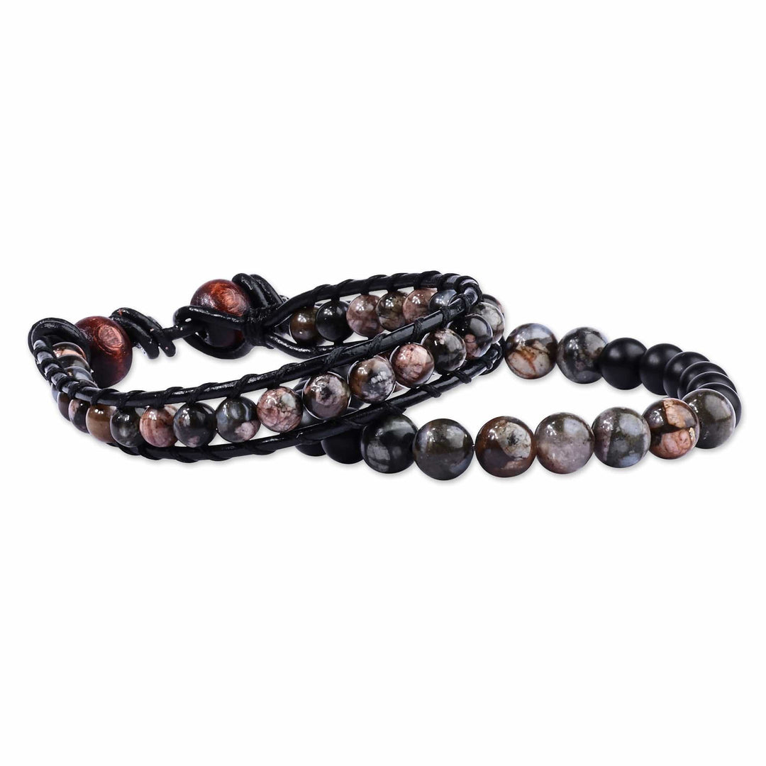 Men's Black Leather and Dark Agate Bracelets (Set of 2) - Shadow Energies